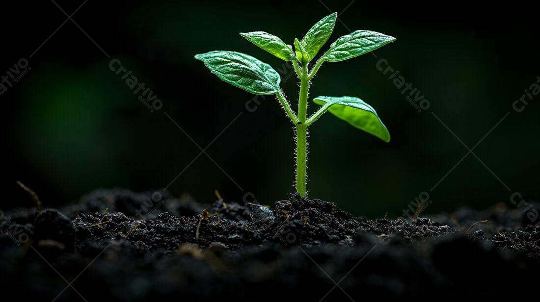 Planta brotando solo escuro fundo verde