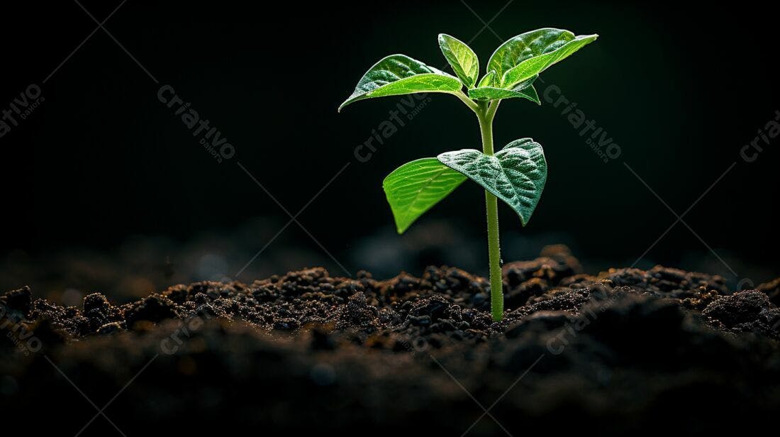 Planta brotando solo escuro fundo preto