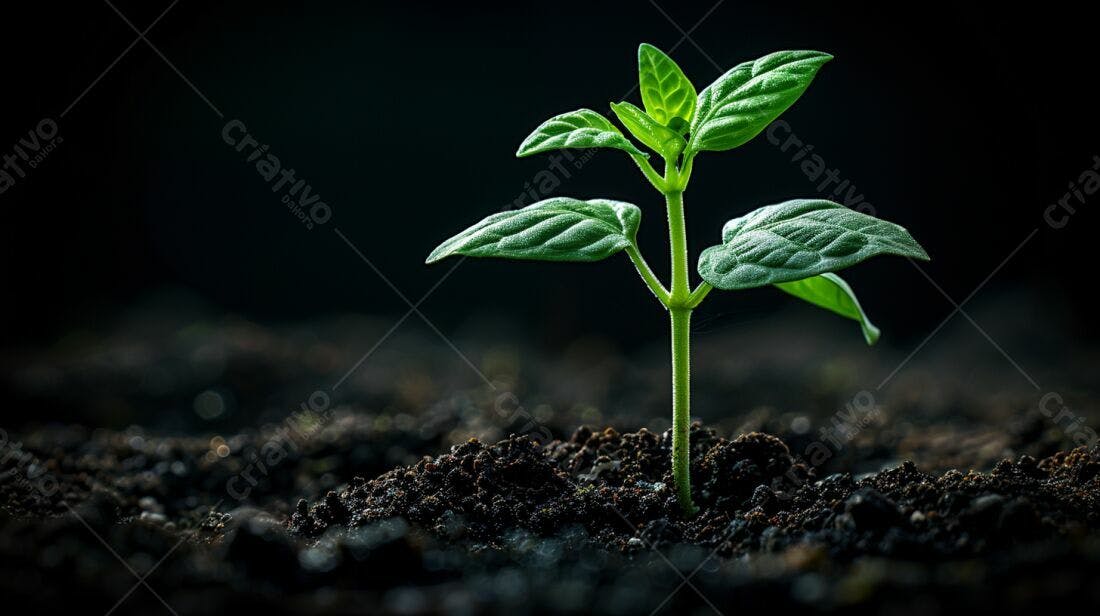 Planta brotando solo escuro fundo preto
