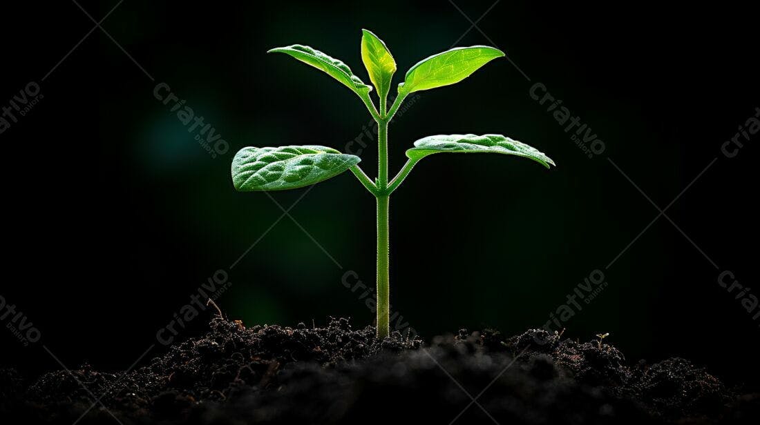 Planta brotando solo escuro fundo preto