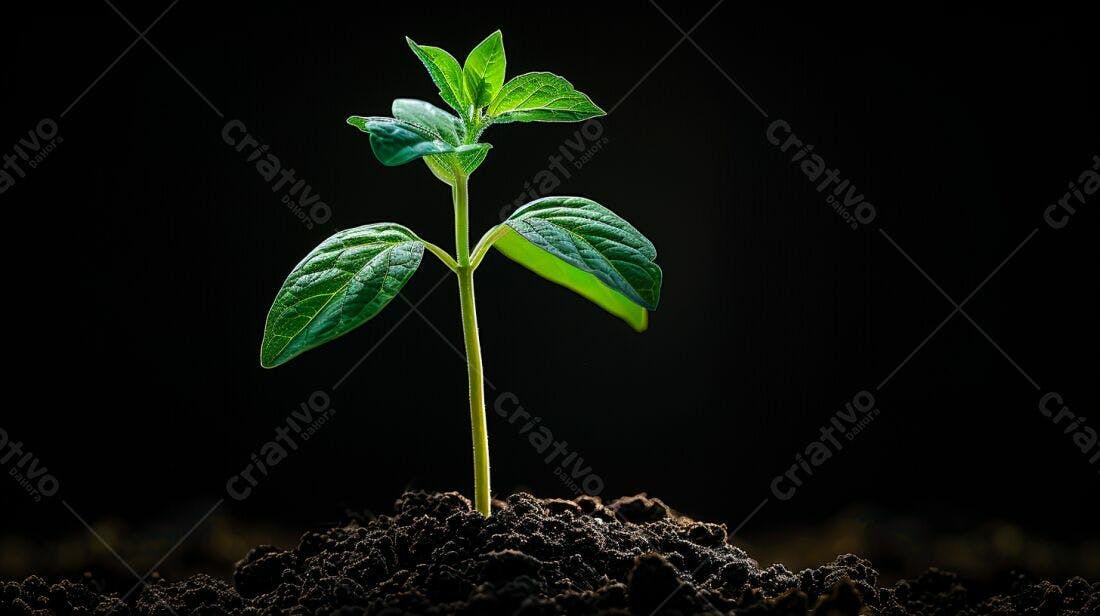 Planta brotando solo escuro fundo preto
