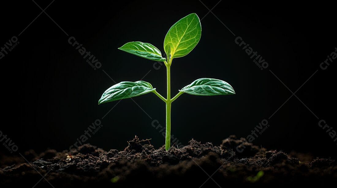 Planta brotando solo escuro fundo preto