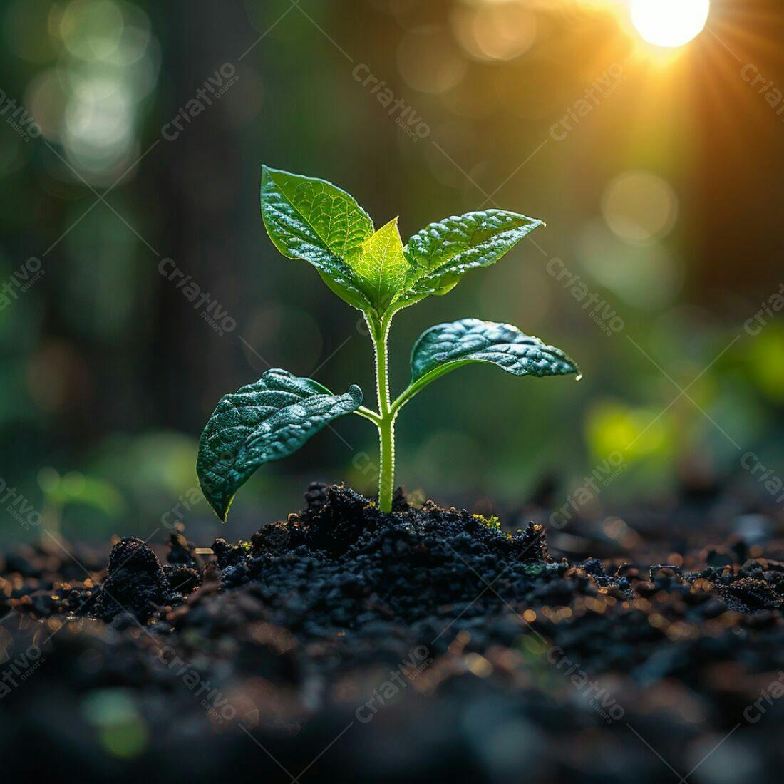 Planta brotando solo manhã ensolarada