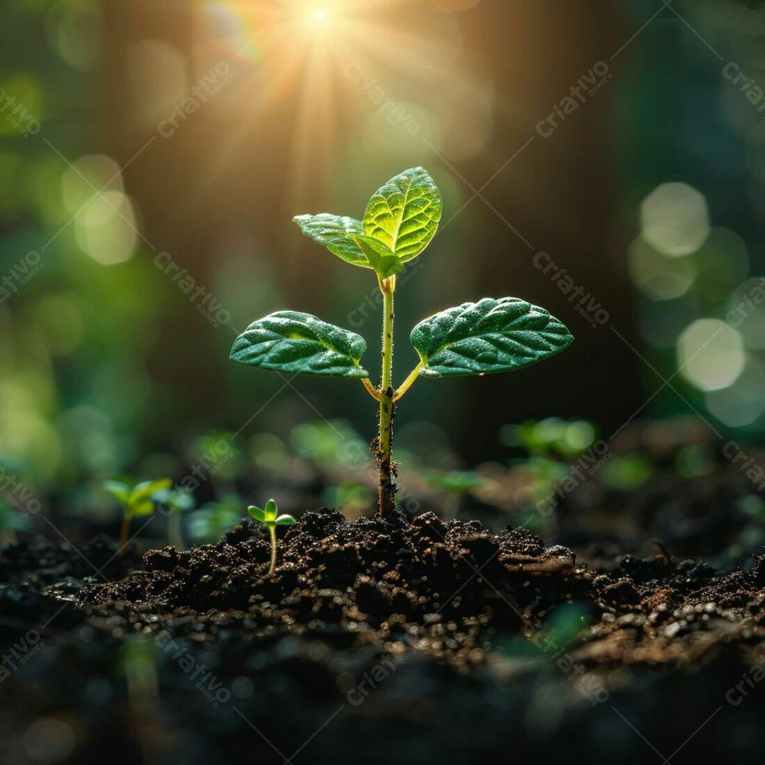 Planta crescendo solo manhã ensolarada