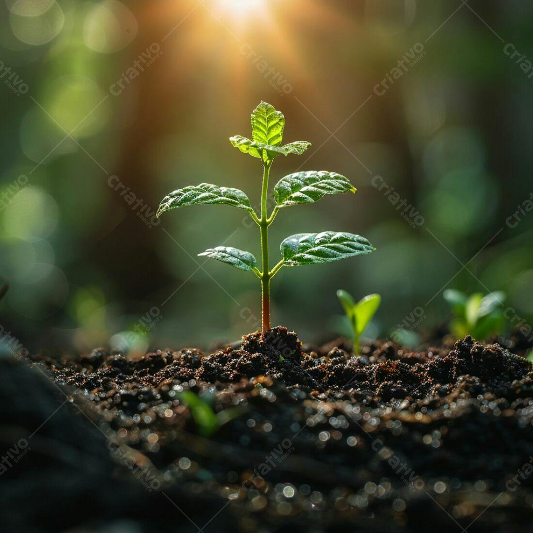 Planta crescendo solo manhã ensolarada