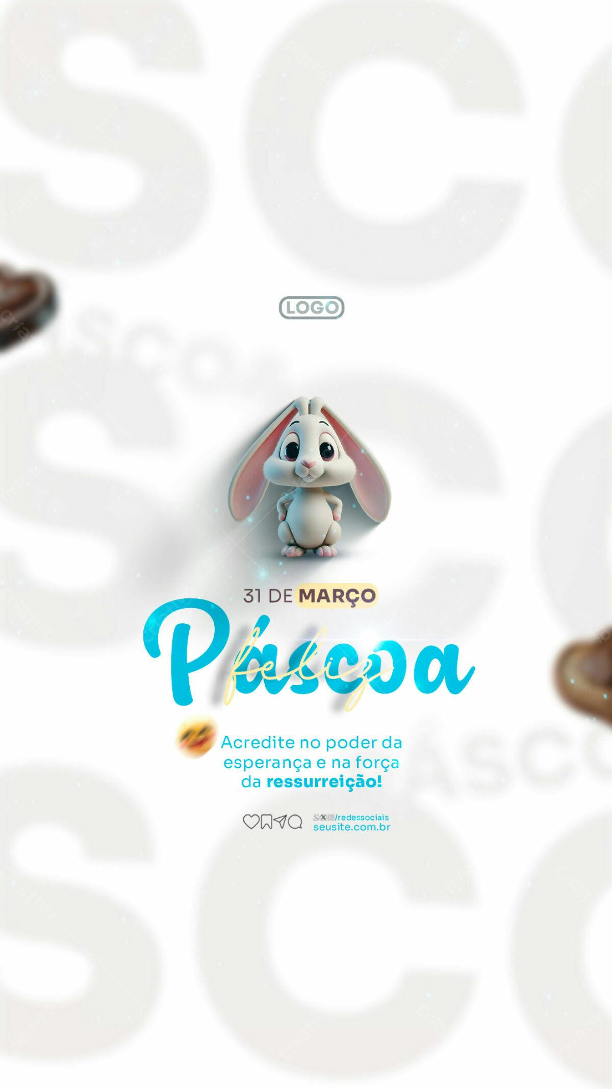 Flyer Páscoa com Coelho 3D PSD Editável