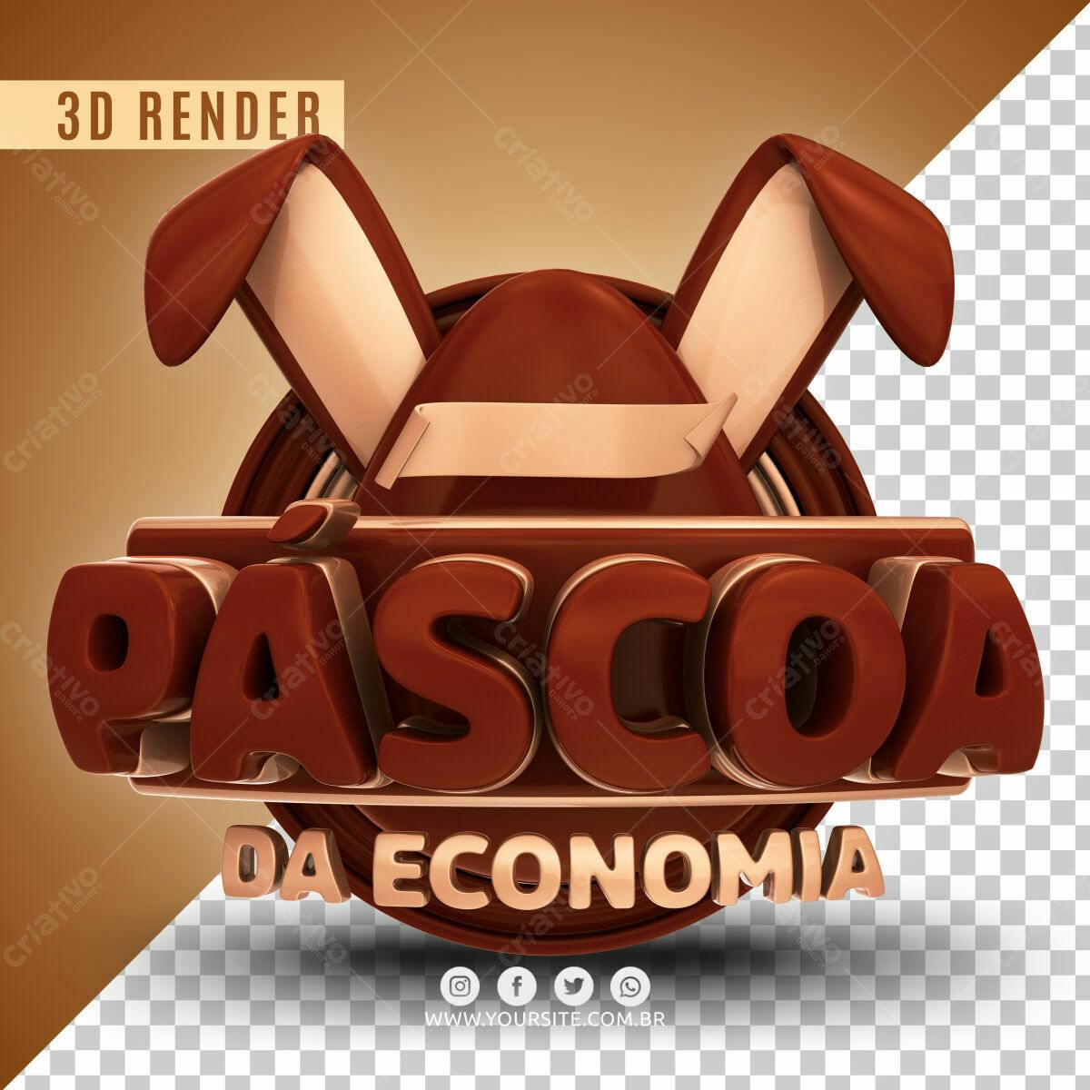 Selo 3D Pascoa marrom e bege com orelhas de coelho