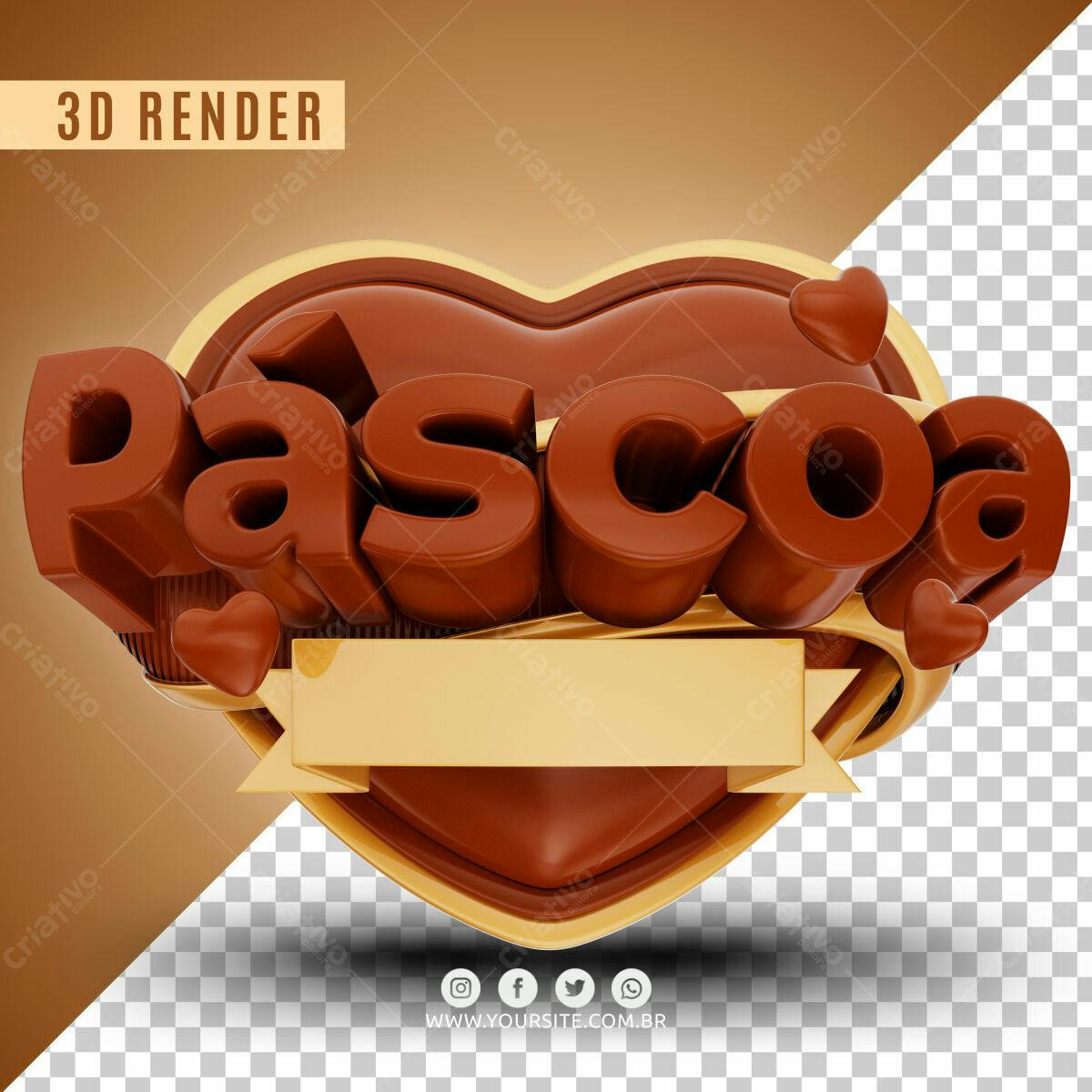 Selo 3D páscoa marrom e dourado em formato de coração