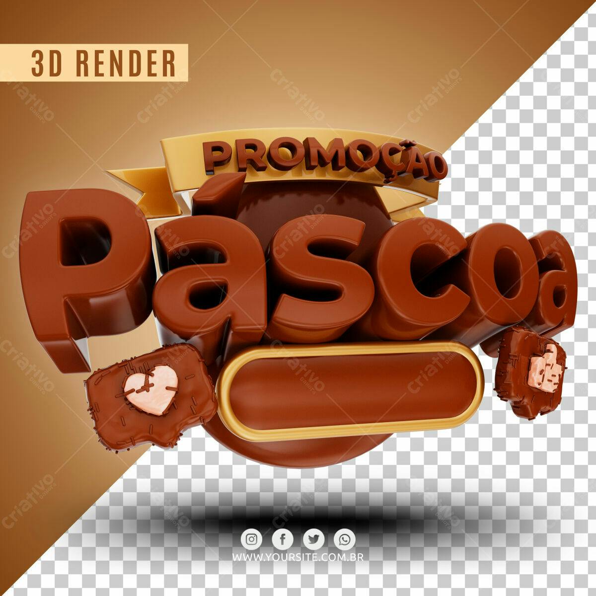 Selo 3D promocional Páscoa marrom e dourado