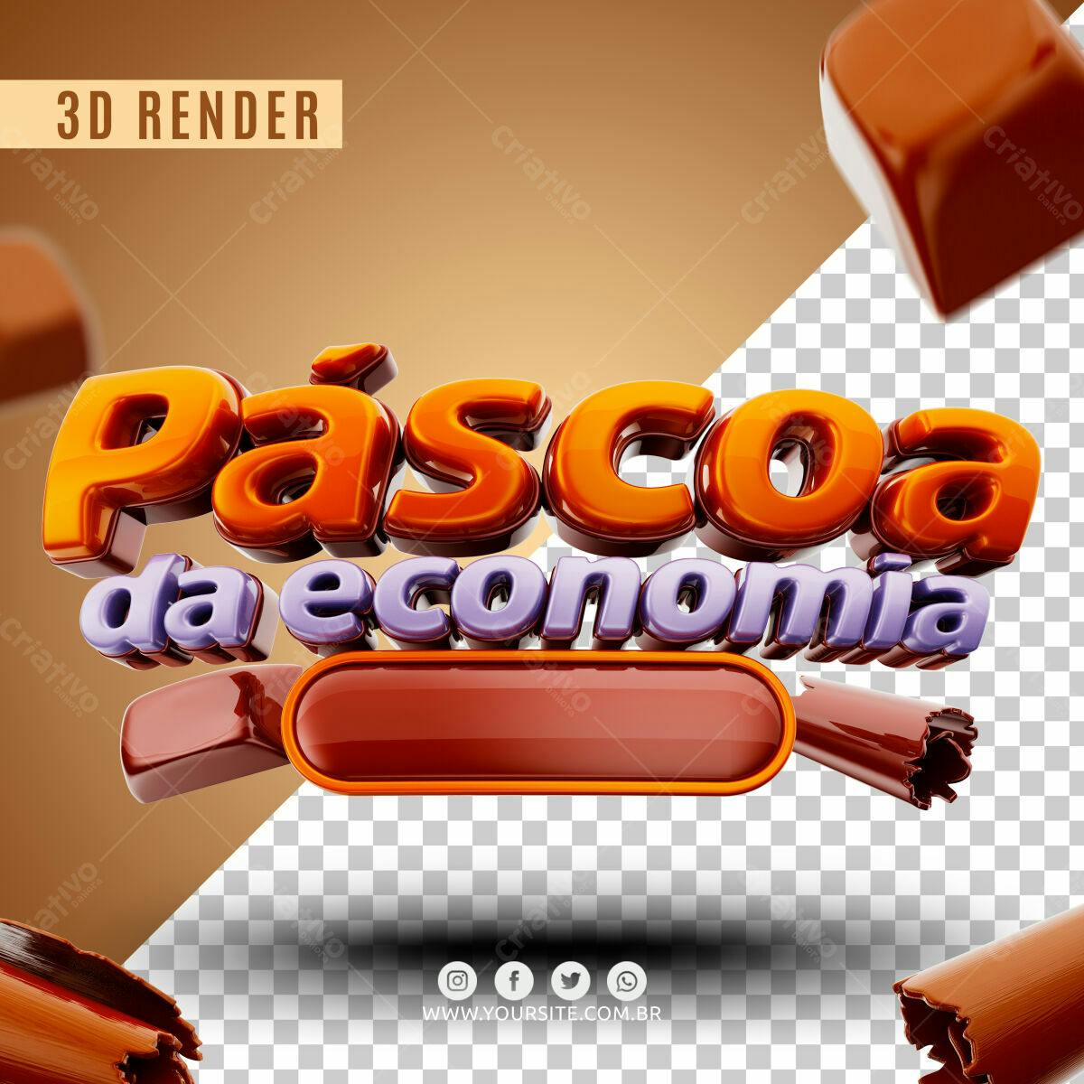 Selo 3D promocional Pascoa laranja e roxo