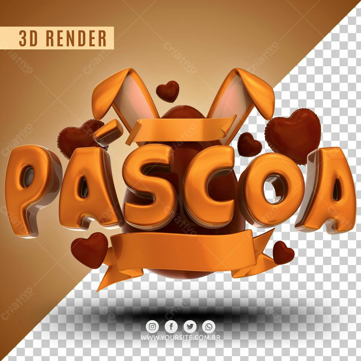 Selo 3D Páscoa dourado metalizado com ovo e coelhinho