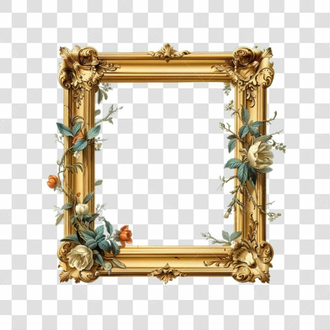Moldura PNG com fundo transparente decoração floral dourado