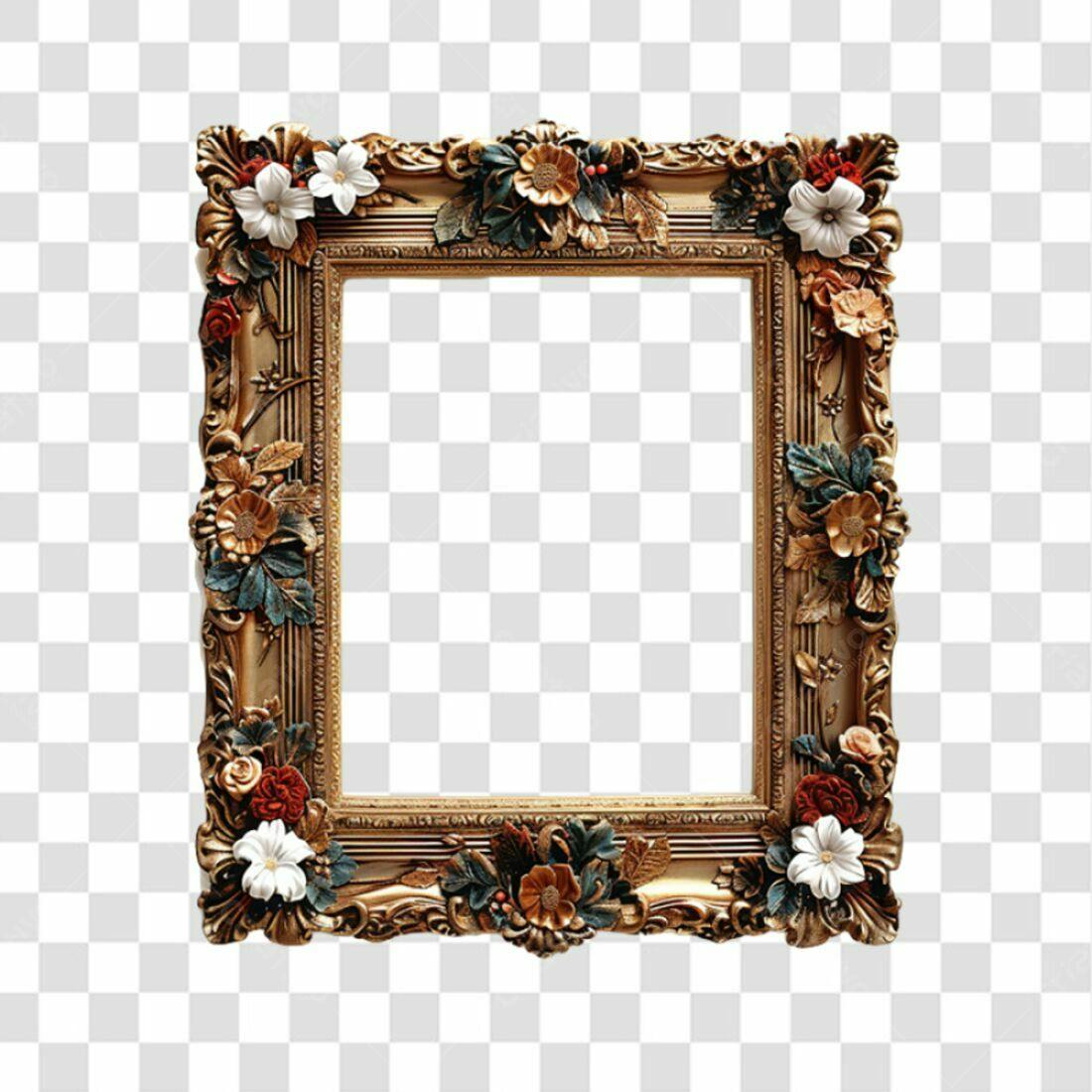 Moldura PNG com fundo transparente flores douradas