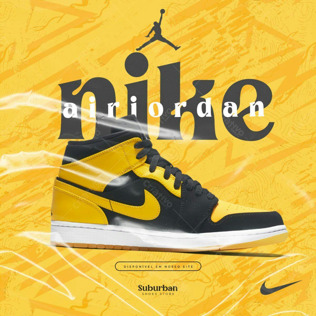 Mockup Tênis Nike Air Jordan Amarelo e Preto PSD Editável
