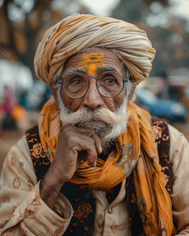 Homem idoso pensativo com turbante e bigode em movimentado cenário de mercado