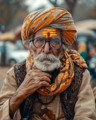 Homem idoso pensativo com turbante e bigode em movimentado cenário de mercado