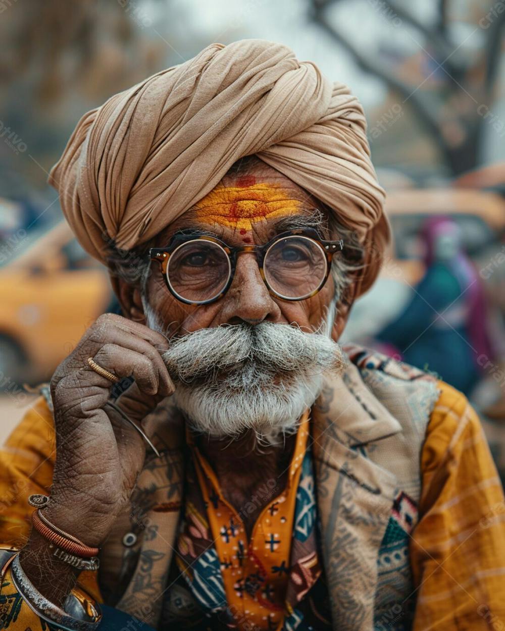 Homem Idoso Pensativo Com Turbante E Bigode Em Movimentado Cenário De Mercado (12)