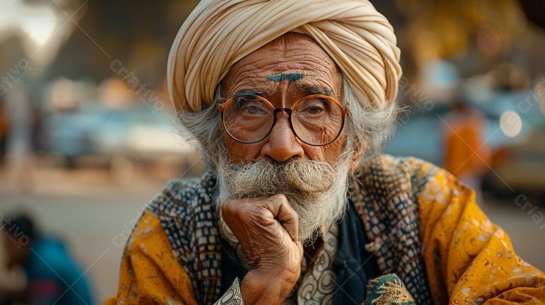 Homem idoso indiano com turbante e óculos