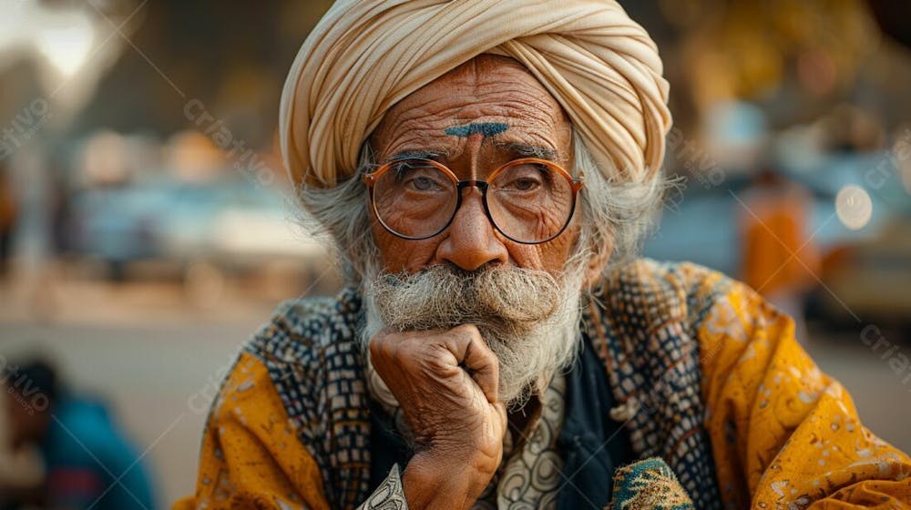 Homem Idoso Pensativo Com Turbante E Bigode Em Movimentado Cenário De Mercado (15)