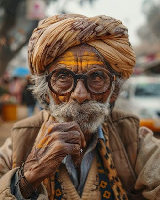 Homem idoso pensativo com turbante e bigode em movimentado cenário de mercado