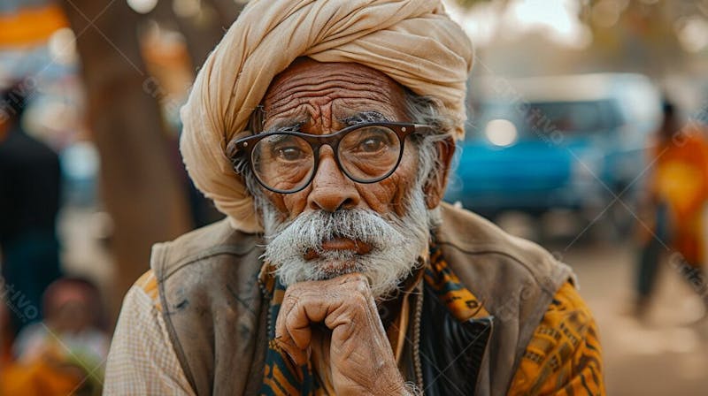 Homem idoso pensativo com turbante e bigode em movimentado cenário de mercado