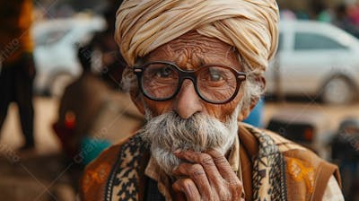 Homem Idoso Pensativo Com Turbante E Bigode Em Movimentado Cenário De Mercado (24)