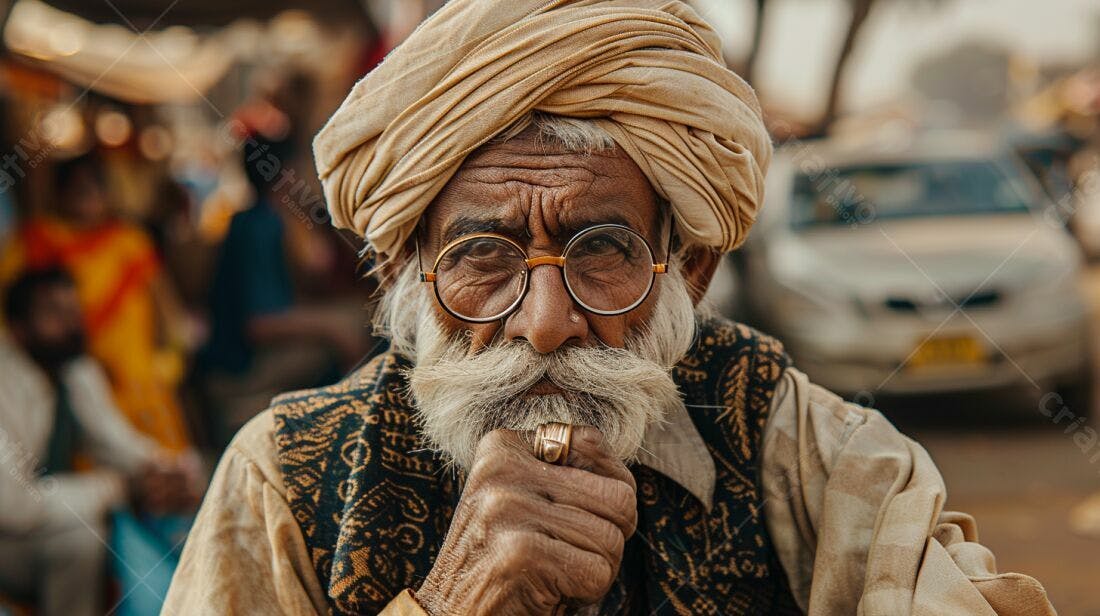Homem idoso indiano com turbante e óculos