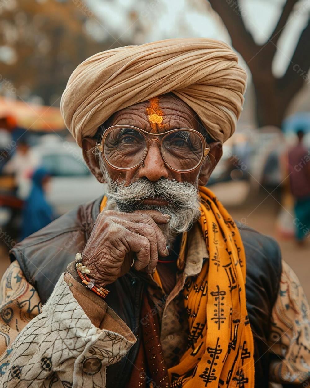 Homem Idoso Pensativo Com Turbante E Bigode Em Movimentado Cenário De Mercado (27)