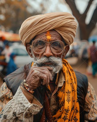 Homem idoso pensativo com turbante e bigode em movimentado cenário de mercado