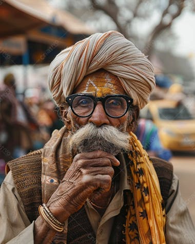 Homem idoso pensativo com turbante e bigode em movimentado cenário de mercado