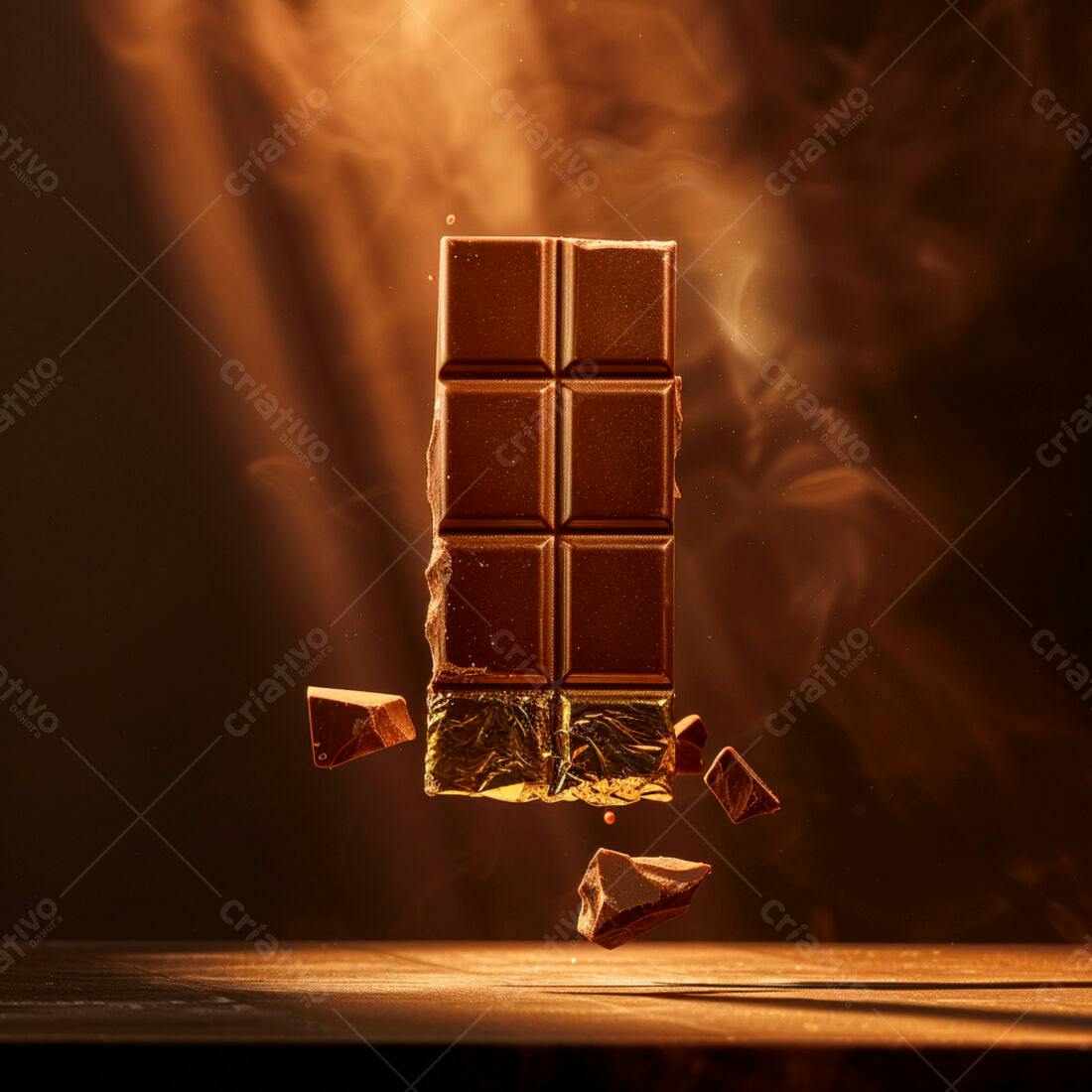 Barra de chocolate levitando com pedaços caindo
