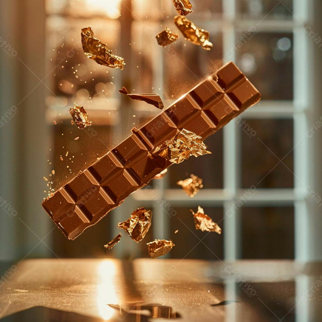 Barra de chocolate ao leite com ouro em queda