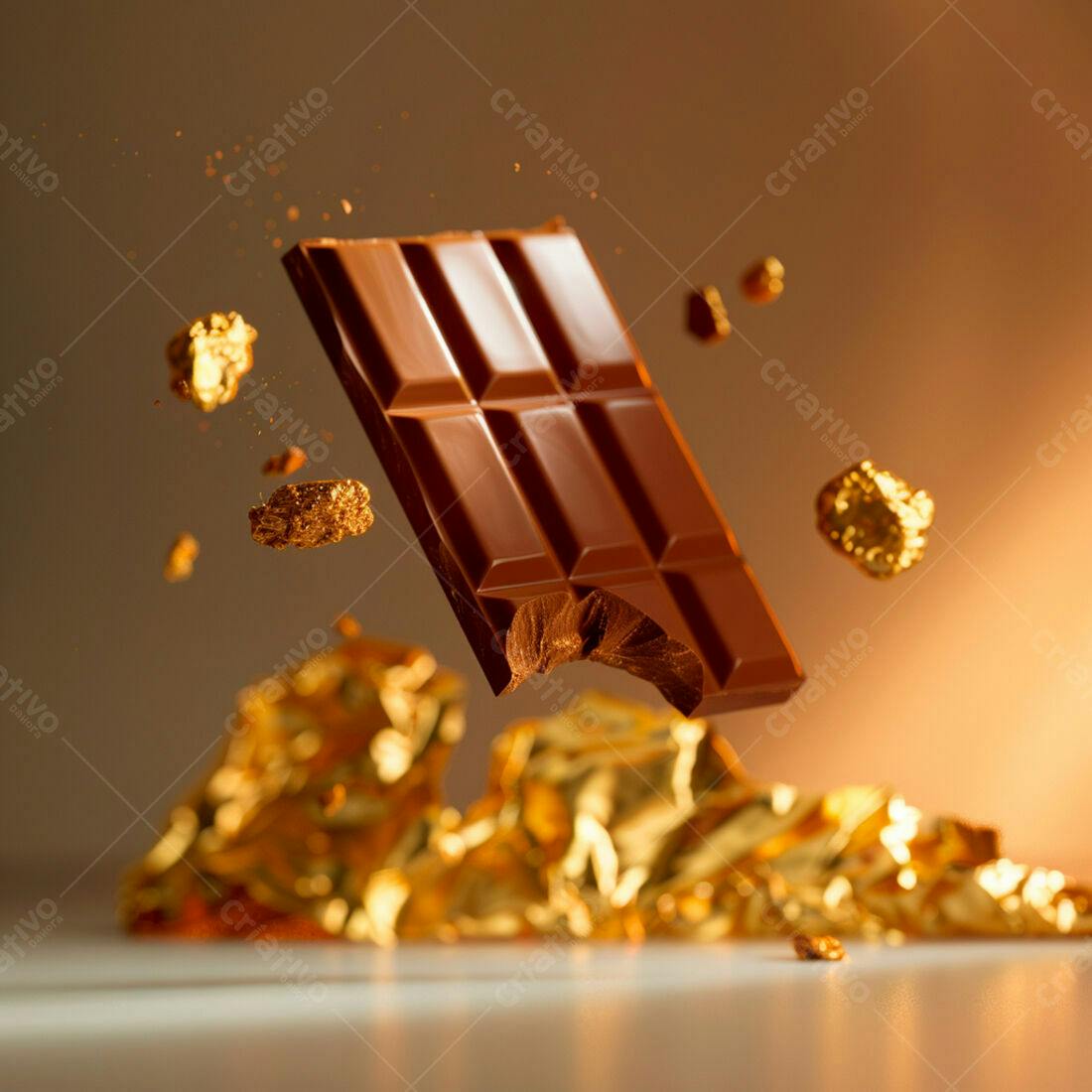 Barra de chocolate marrom caindo sobre ouro