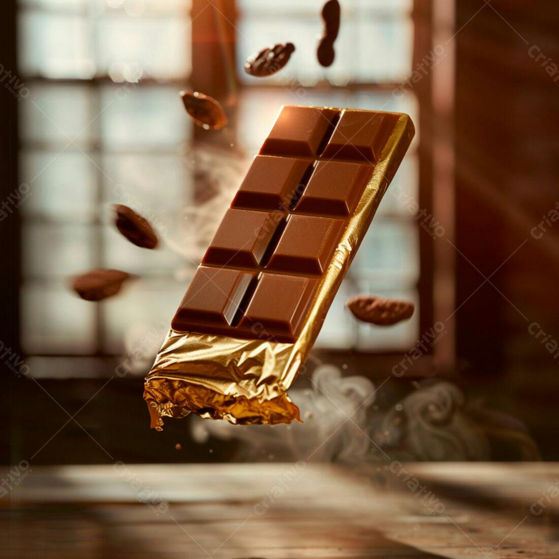 Barra de chocolate levitando com pedaços de castanha