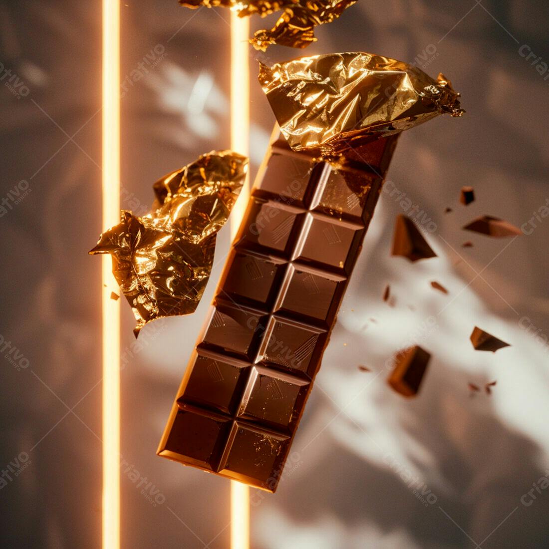 Barra de chocolate ao leite em queda com papel dourado