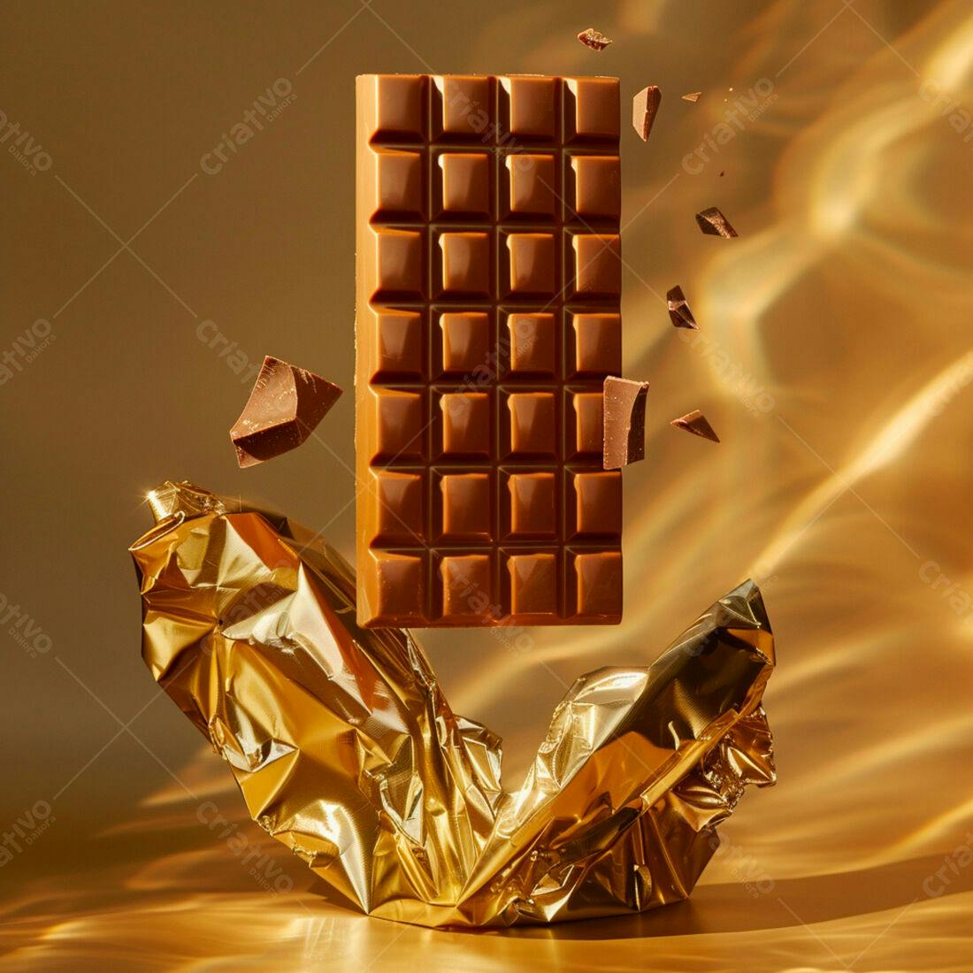 Barra de chocolate levitando sobre papel dourado