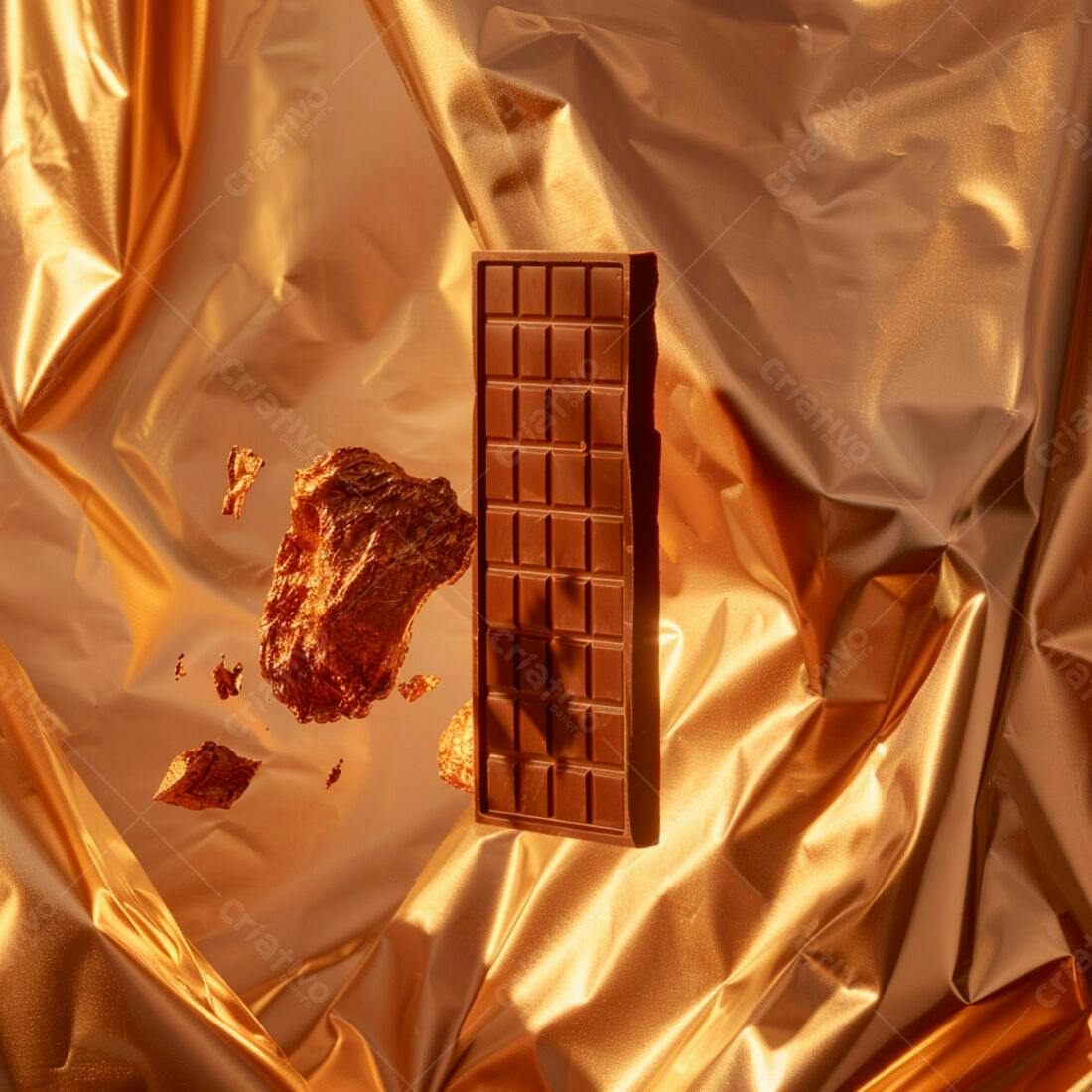 Barra de chocolate sobre papel dourado