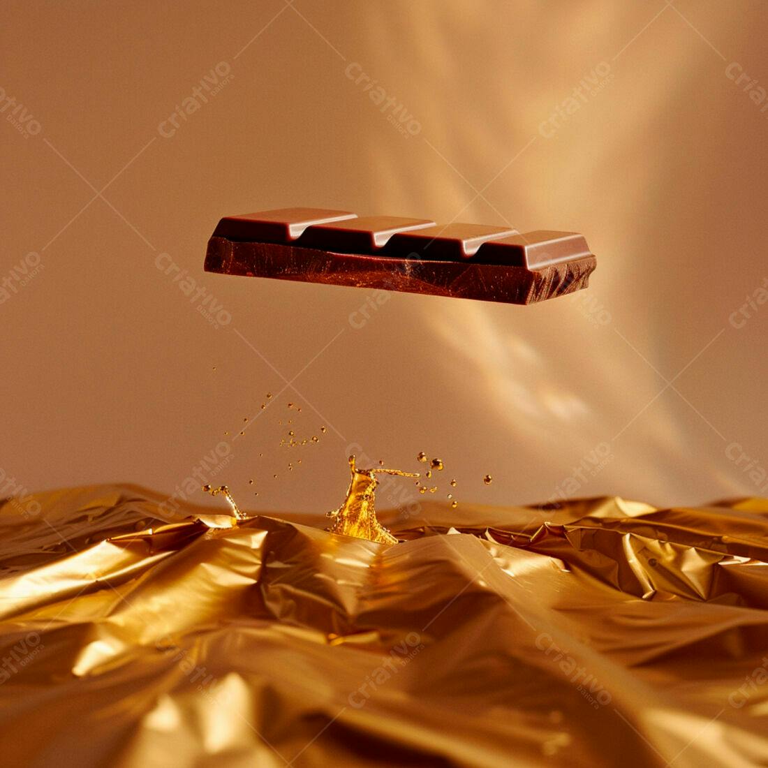 Barra de chocolate sobre papel dourado