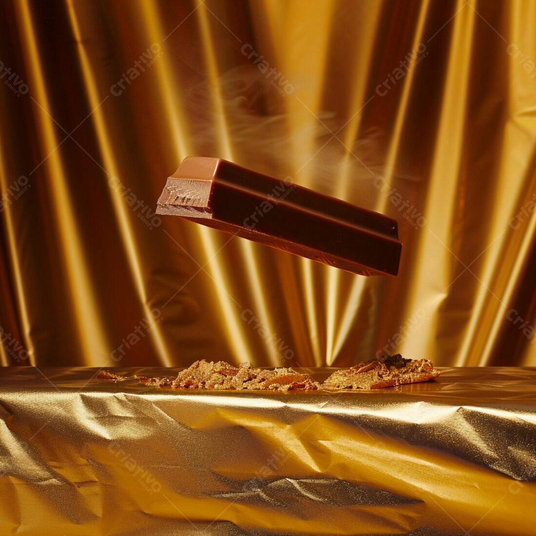 Barra de chocolate levitando sobre fundo dourado