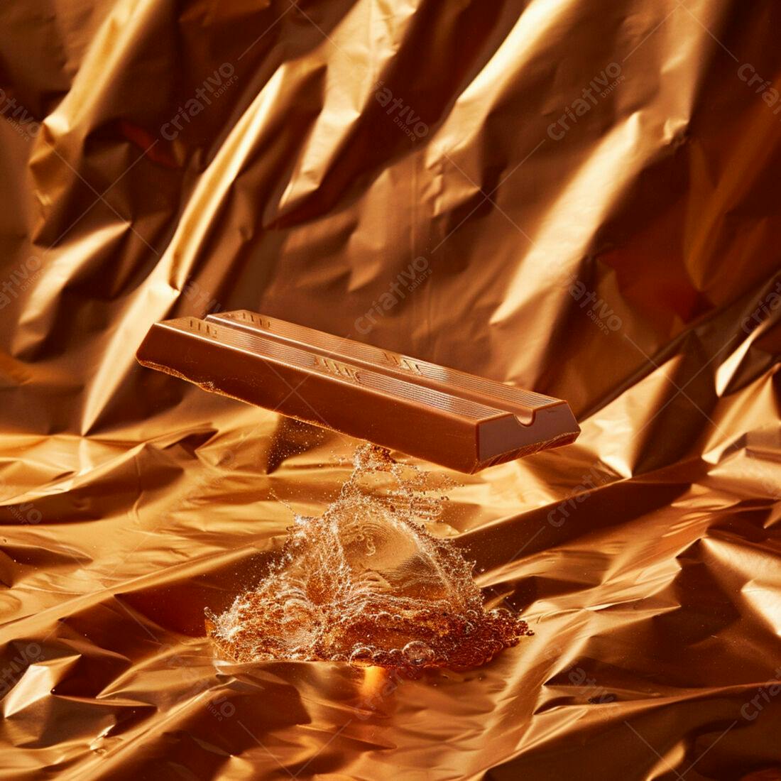 Barra de Chocolate caindo em líquido dourado