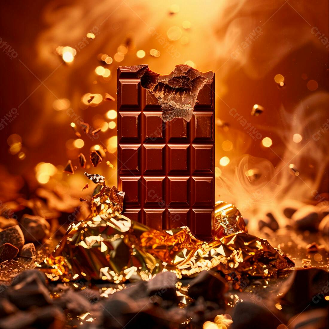 Barra de chocolate mordida em fundo dourado