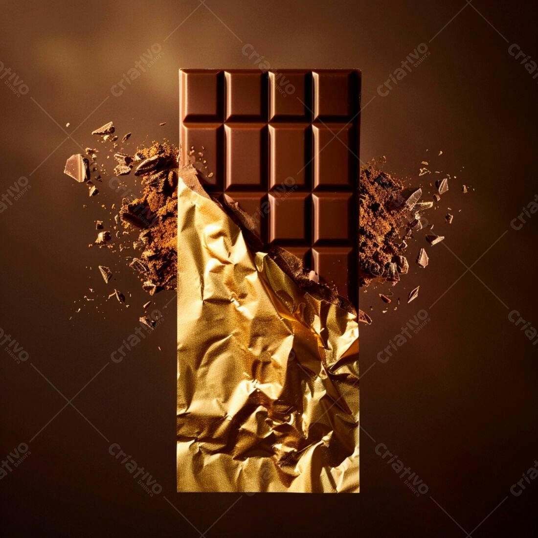 Barra de chocolate amargo quebrada em embalagem dourada