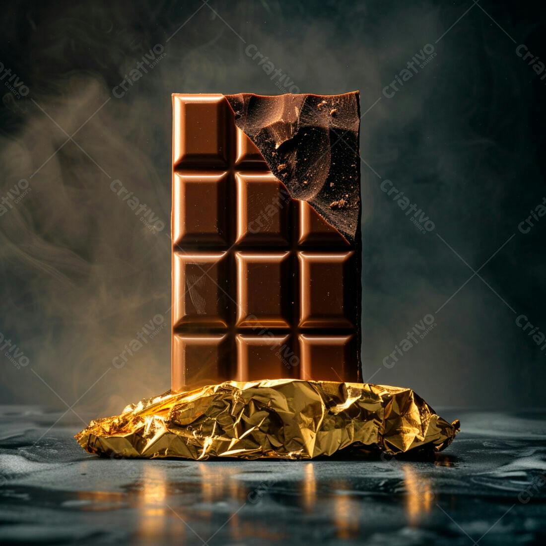 Barra de chocolate amargo sobre papel dourado