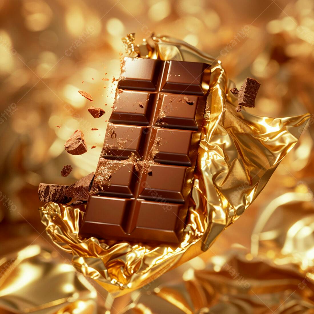 Barra de Chocolate Quebrando em Embalagem Dourada