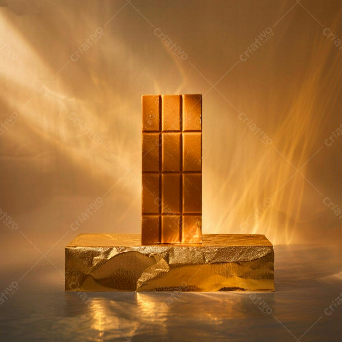 Barra de chocolate dourado em pedestal dourado