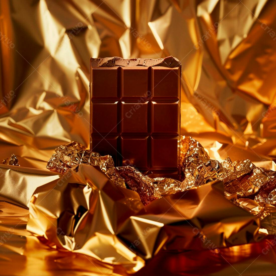 Barra de chocolate amargo sobre papel dourado