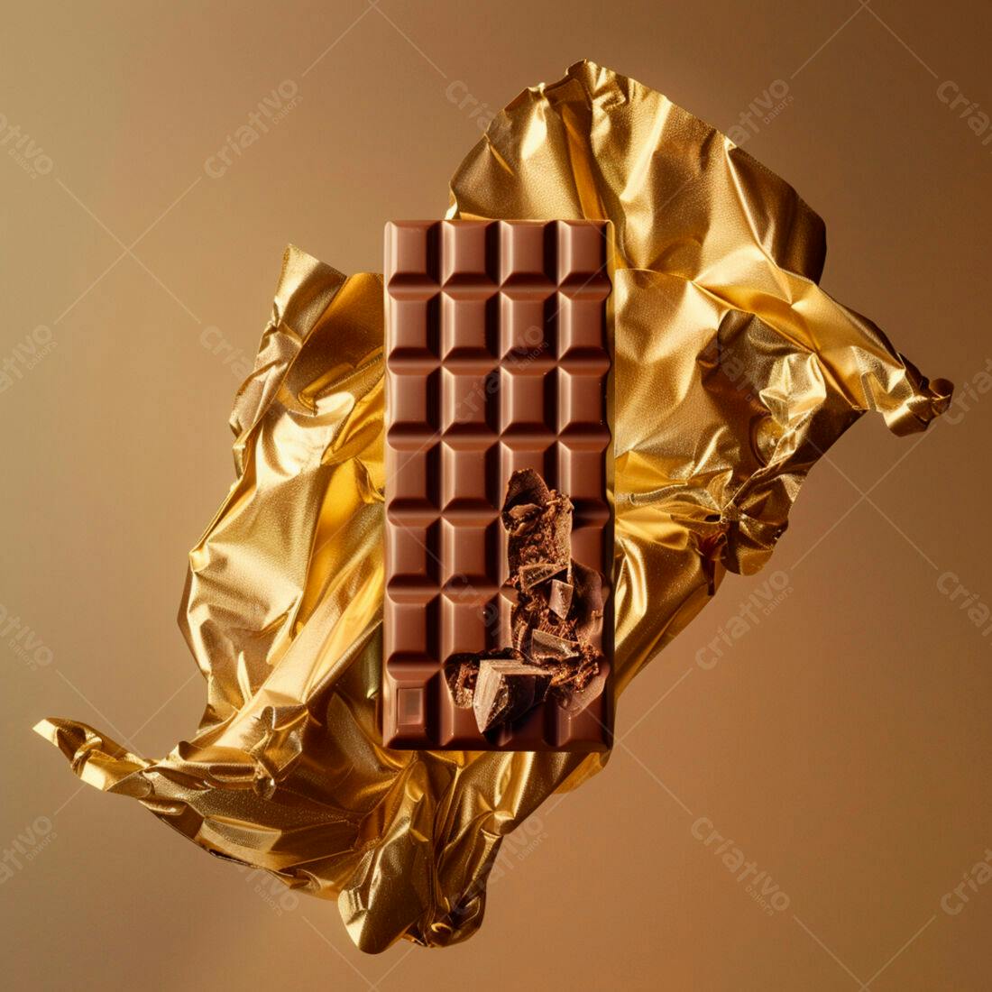 Barra de chocolate marrom sobre papel dourado