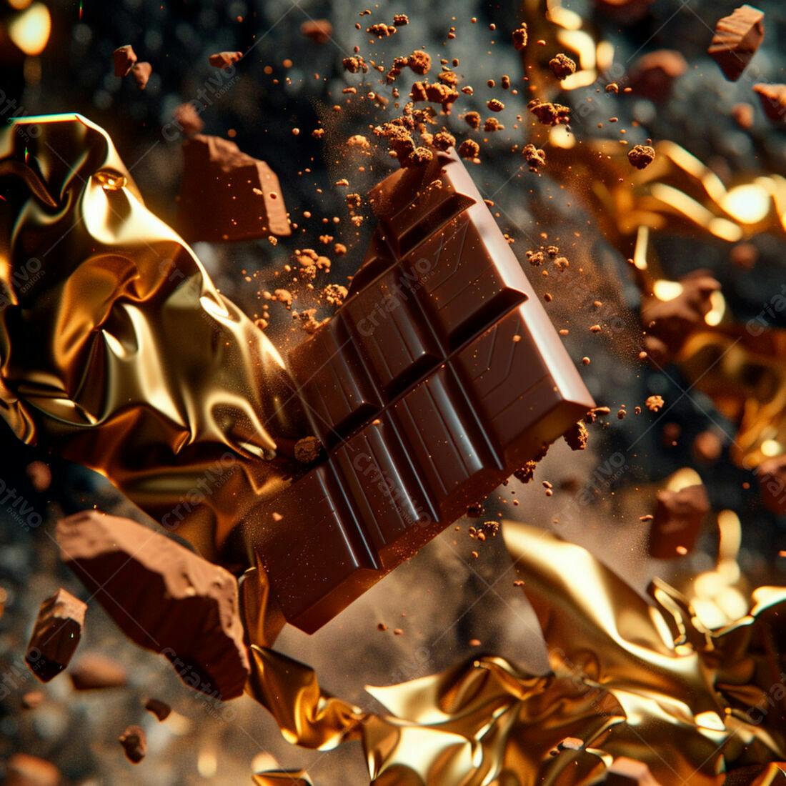 Barra de chocolate quebrando em embalagem dourada