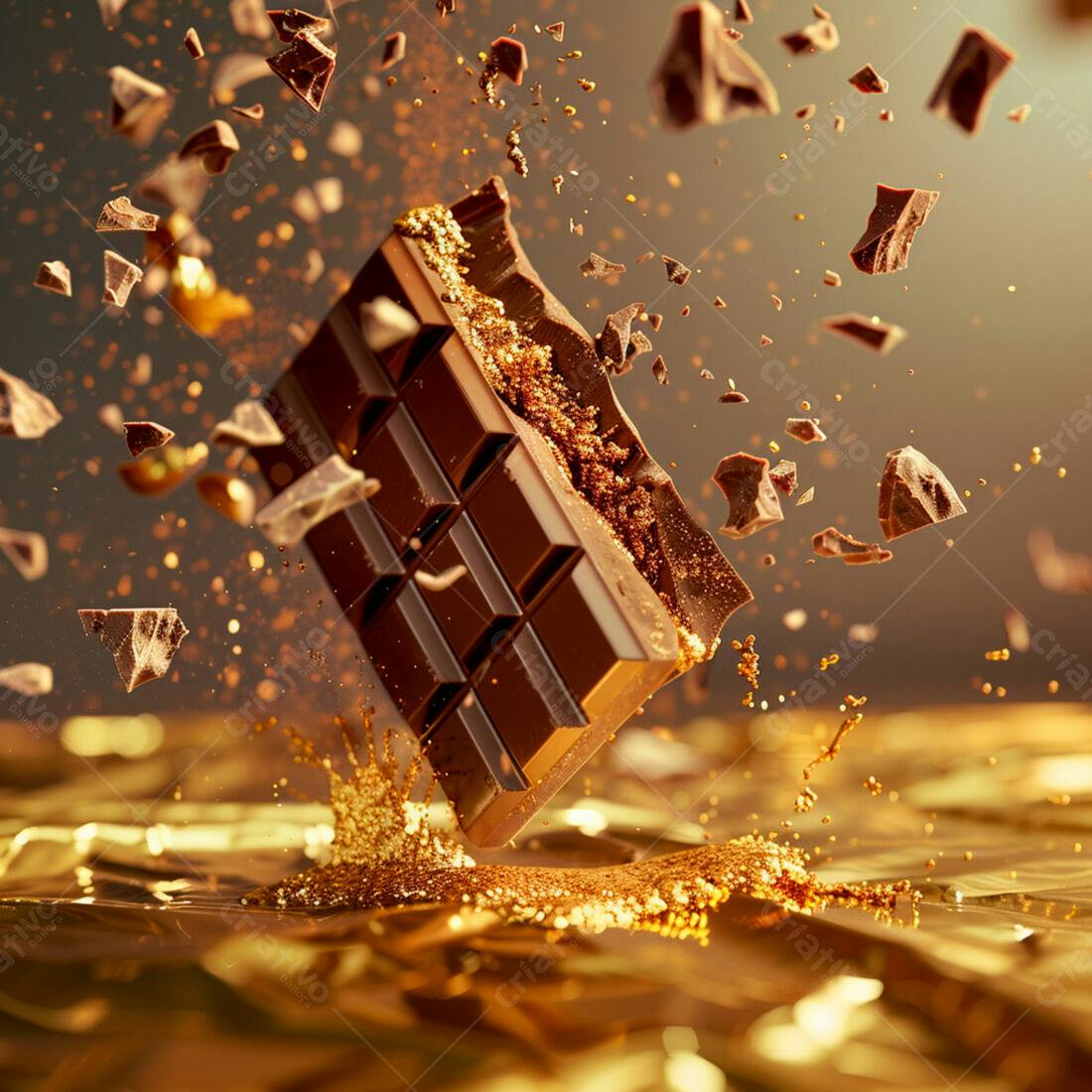 Barra de chocolate caindo sobre papel dourado