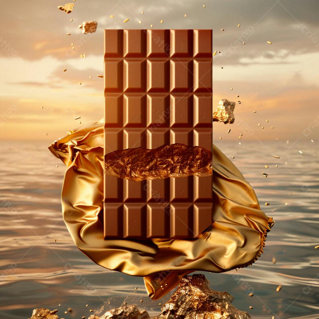 Barra de chocolate com ouro sobre tecido dourado